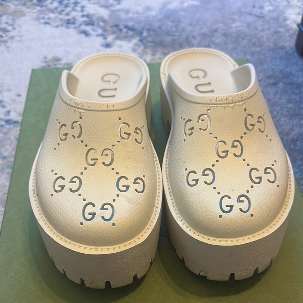 Gucci Cream GG Embossed Clogs